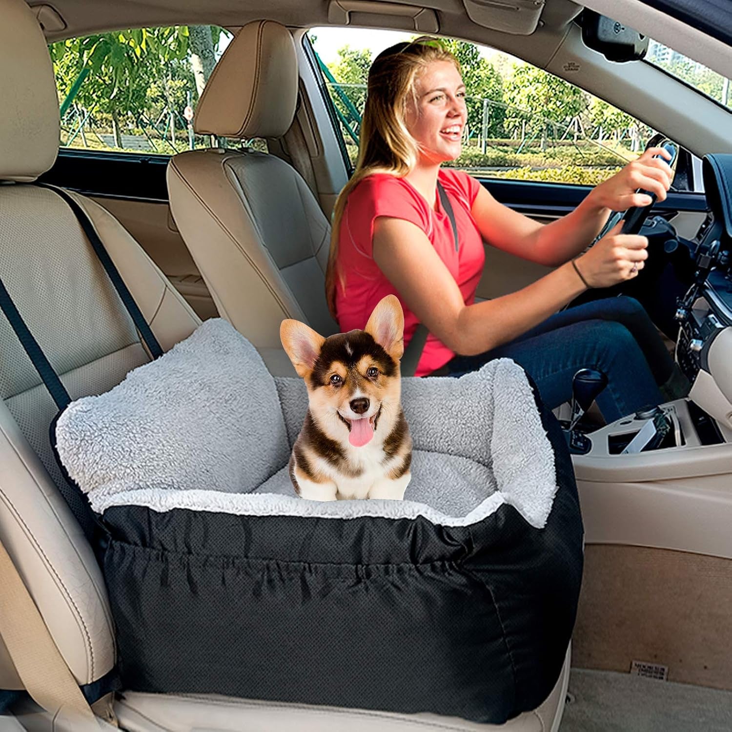 Dog Car Seat for Small Dogs, Fully Detachable and Washable Dog Carseats Small under 25, Soft Dog Booster Seats with Storage Pockets and Clip-On Leash Portable Dog Car Travel Carrier Bed